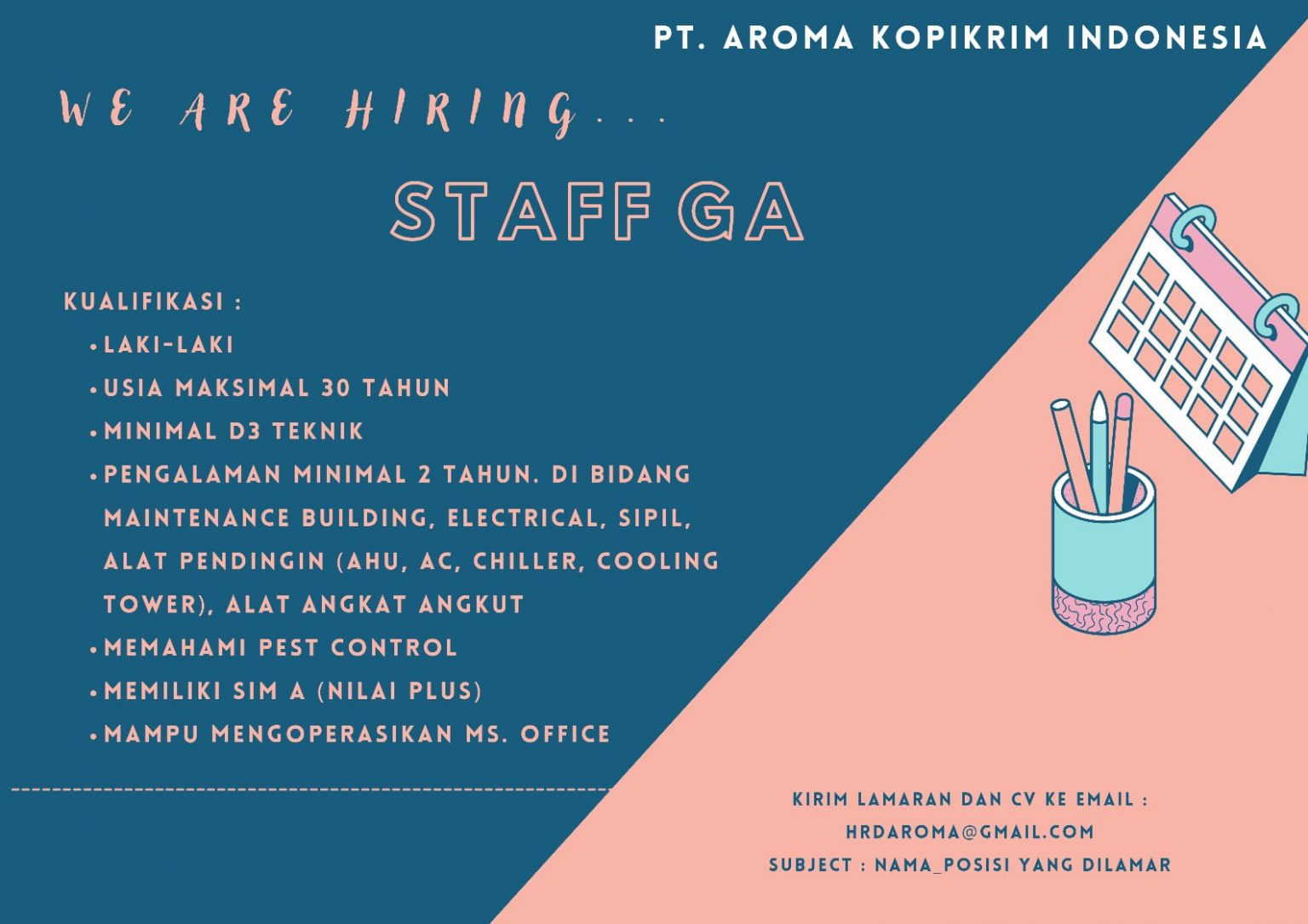 Staff GA @ PT Aroma Kopikrim Indonesia – UNIKA