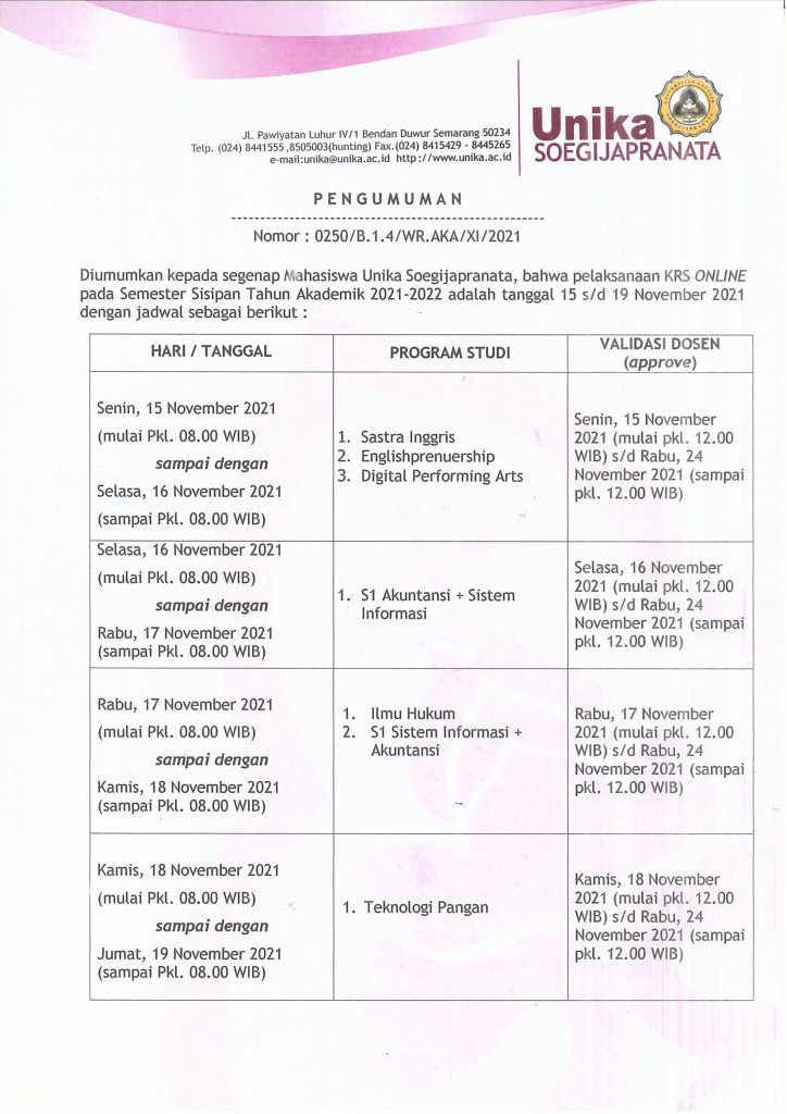 Jadwal KRS Sisipan Ganjil 2021-2022