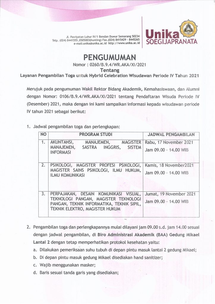 Jadwal Pengambilan Toga Wisuda Periode IV Tahun 2021