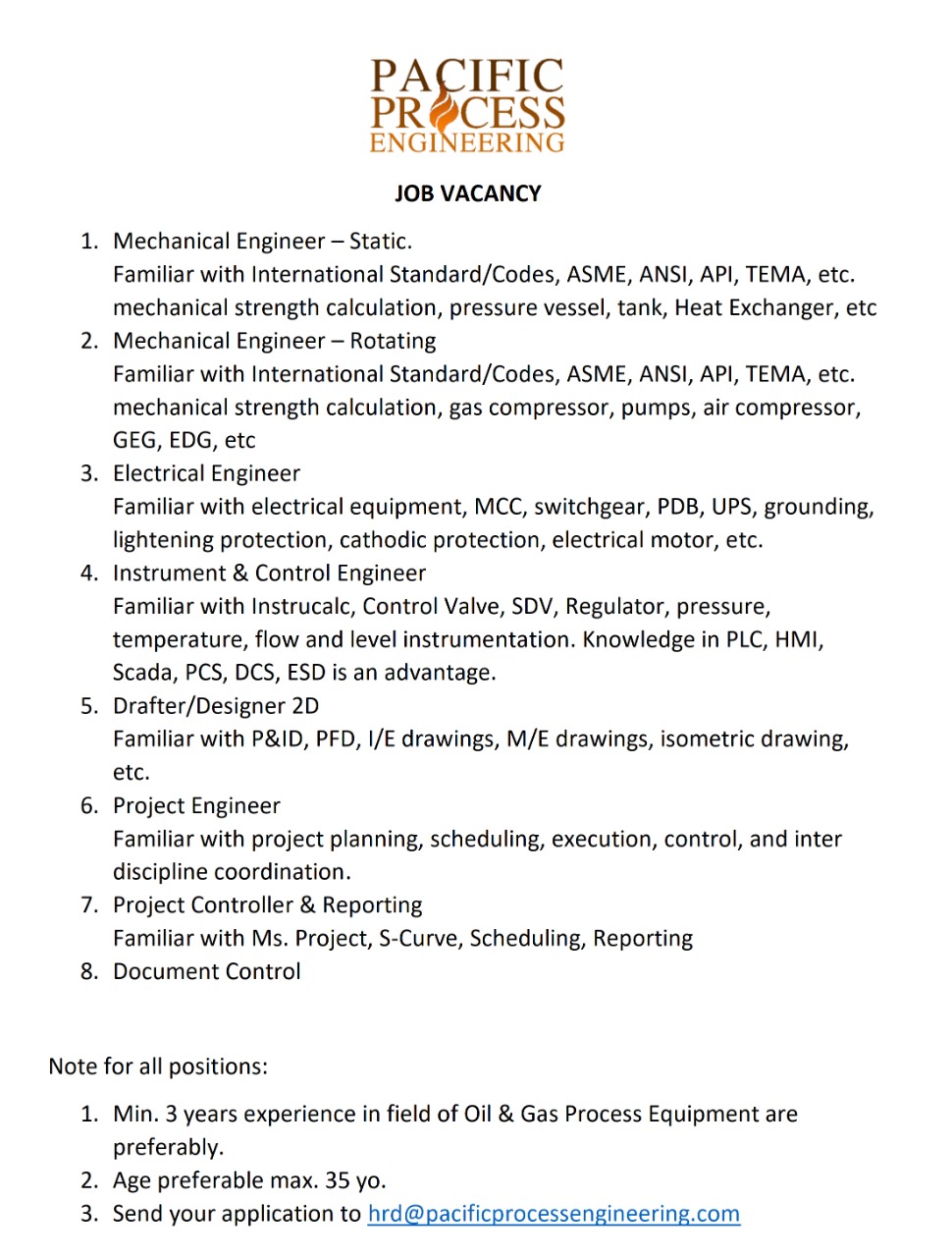 Mechanical Engineer – Static, Maechanical Engineer, Electrical Engineer, Instrument Control Engineer, Drafter Engineer, Project Engineer, Project Controller & Reporting, Document Control @ Pacific Process Engineering