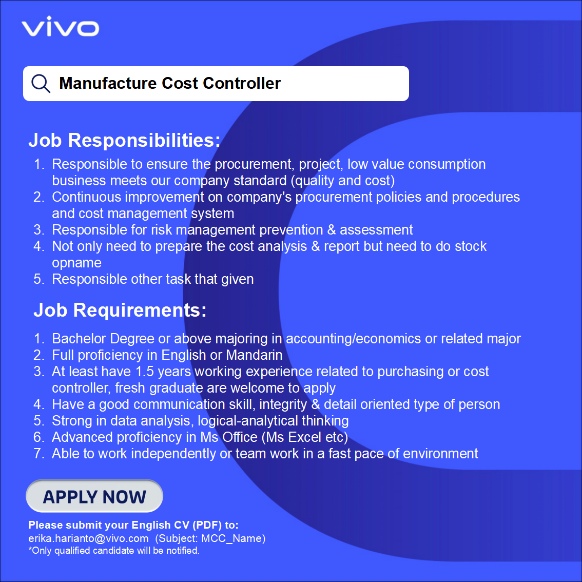 Manufacture Cost Countroller @ Vivo