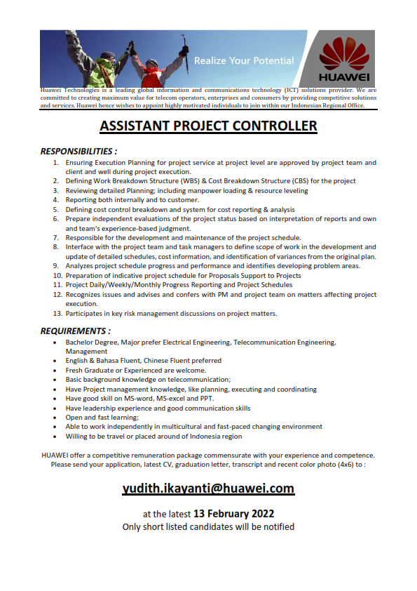 Assisten Project Controller @ Huawei