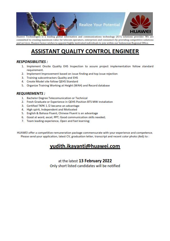 Assistent Quality Control Engineer @ Huawei