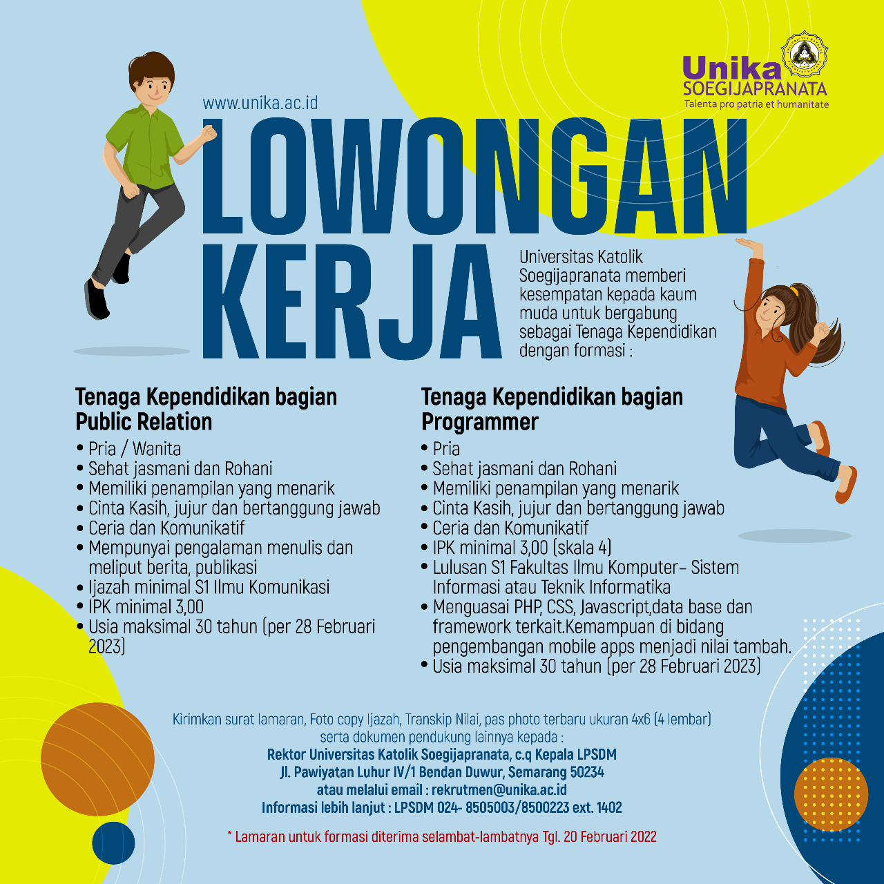 Tenaga Kependidikan bag Public Relation, Tenaga Kependidikan bag Programmer @ Unika Soegijapranata