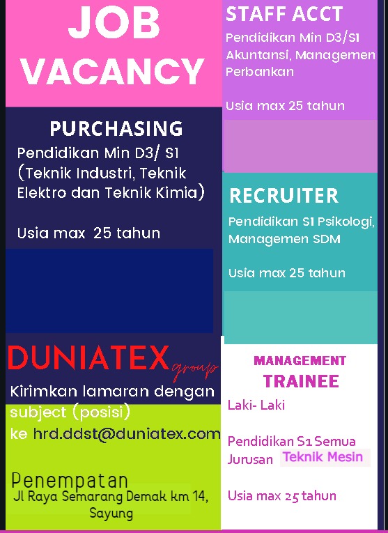 Purchasing, Staff ACCT, Recruiter, Management Trainee @ Duniatex