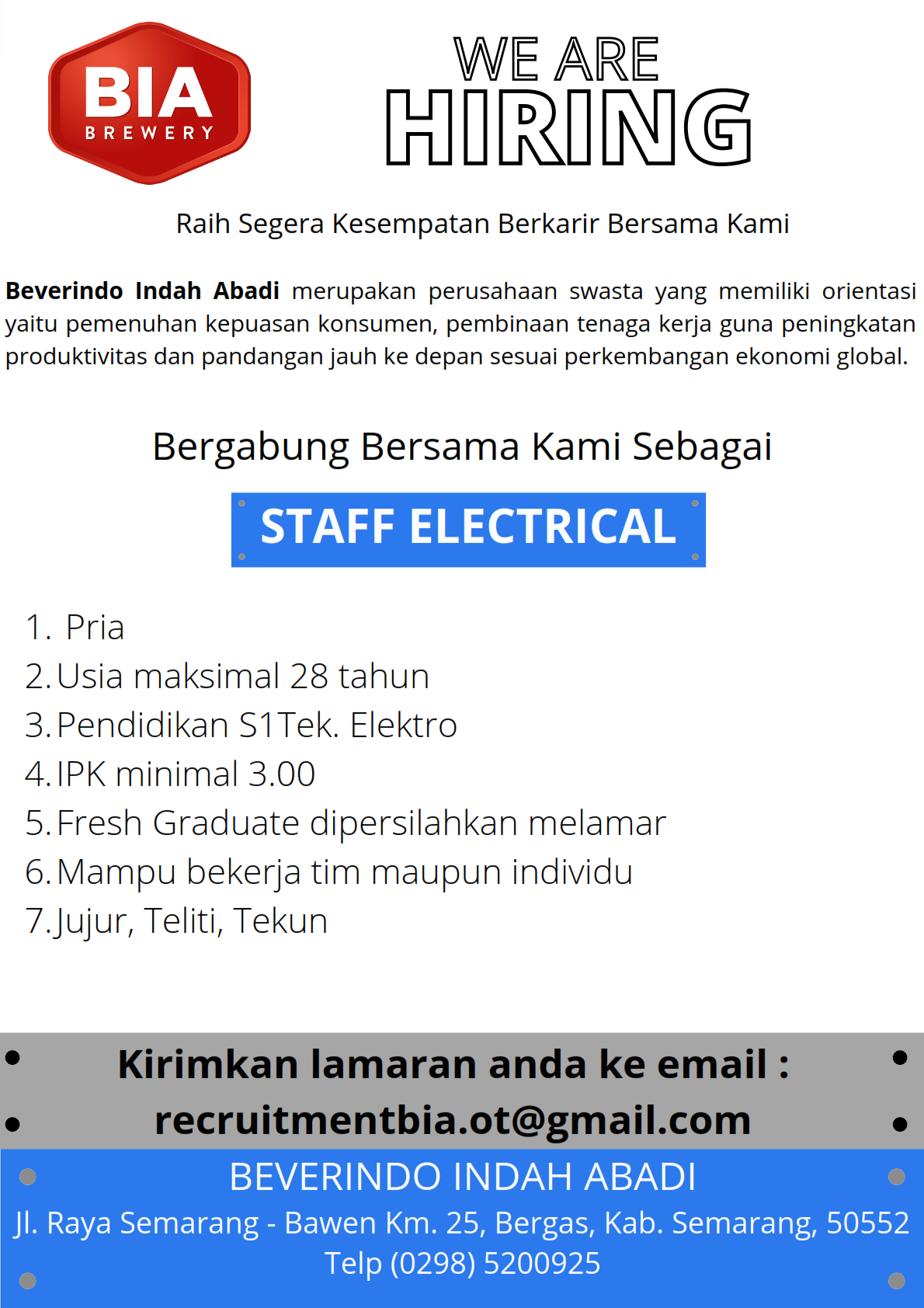 Staff Electrical @ PT Beverindo Indah Abadi