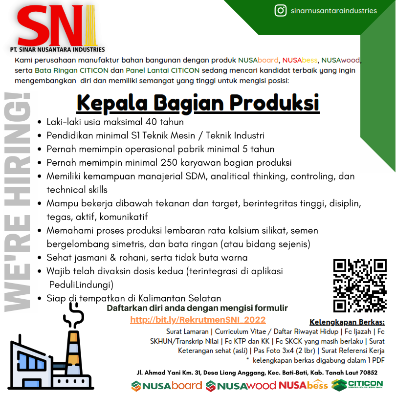 Kepala bagian Produksi @ PT Sinar Nusantara Industries