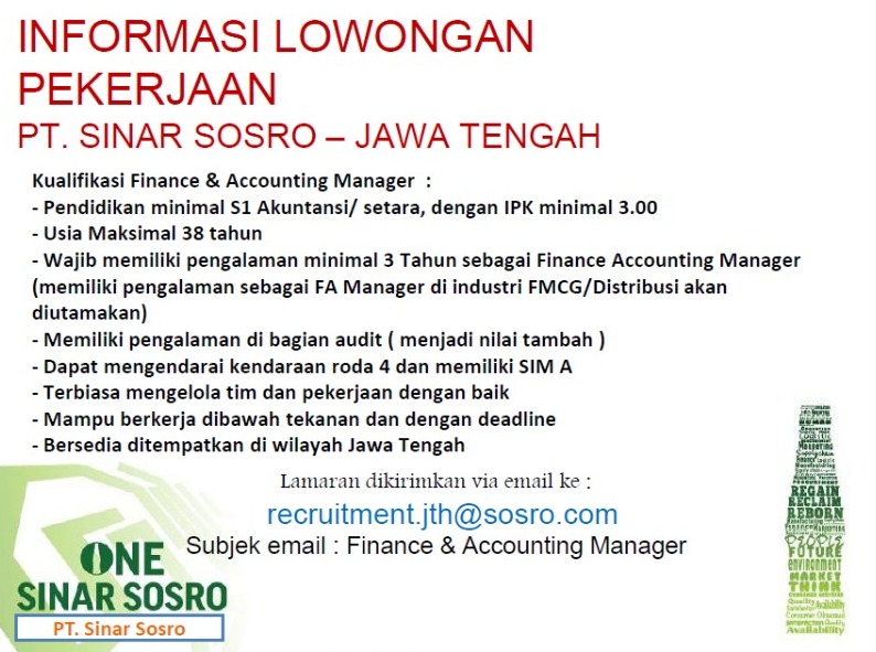 Finance dan Accounting Manager @ PT Sinar Sosro – Jawa Tengah