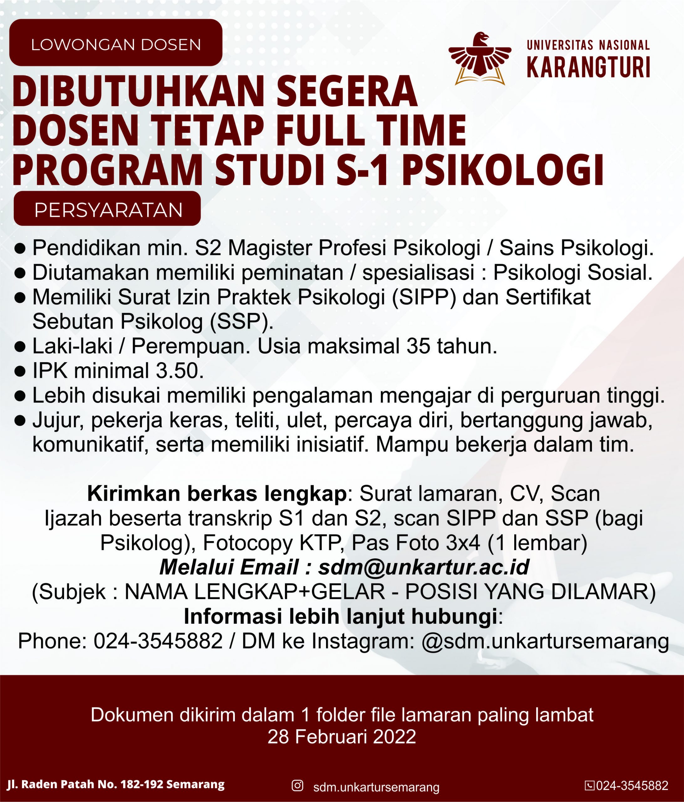 Dosen Tetap Full Time Progdi Psikologi @ Universitas Nasional Karangturi