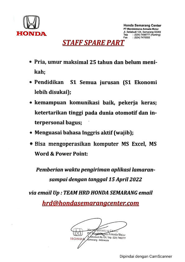 Staff Spare Part @ Honda Semarang Center