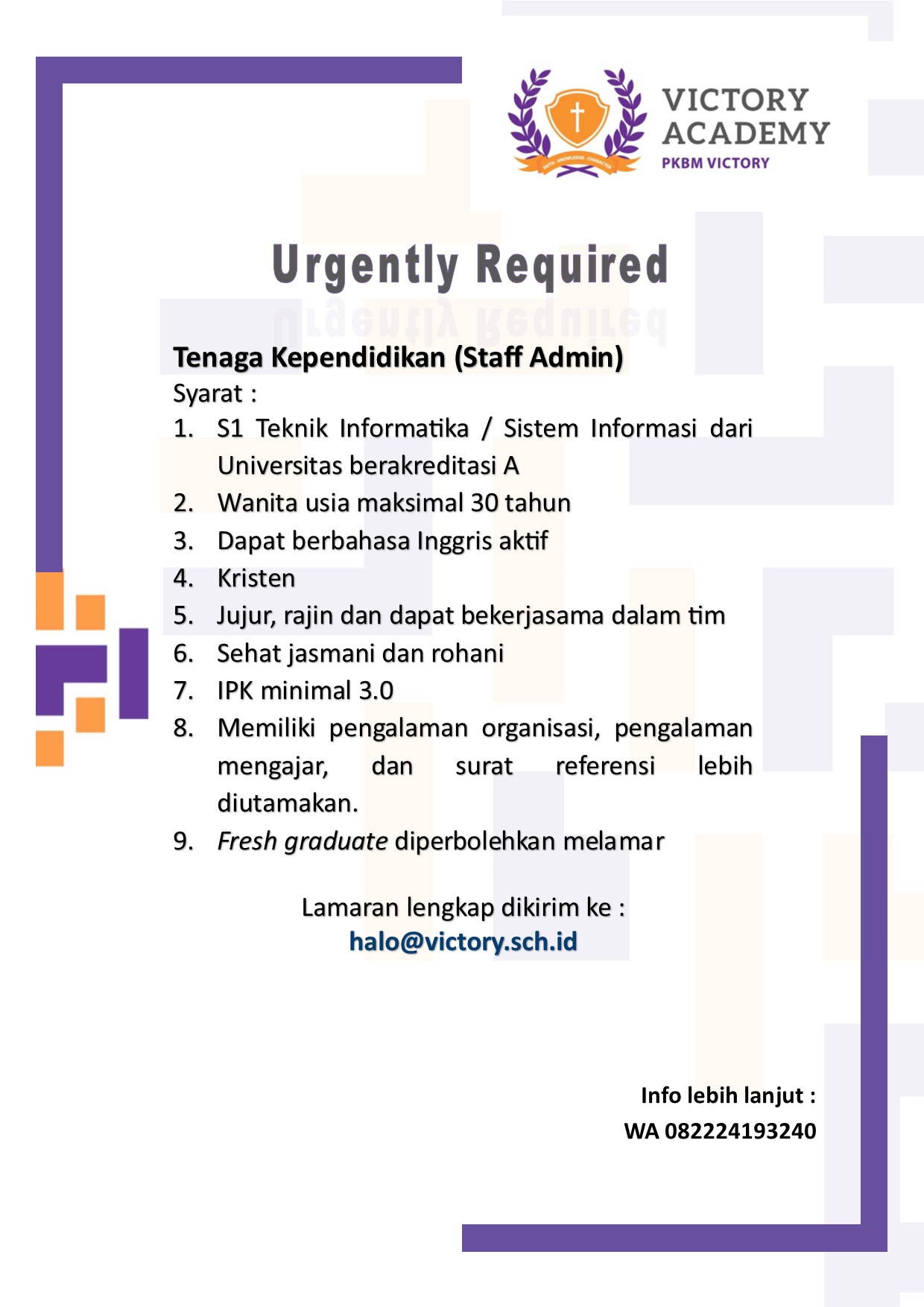 Tenaga Kependidikan ( Staff Admin) @ Victory Academy