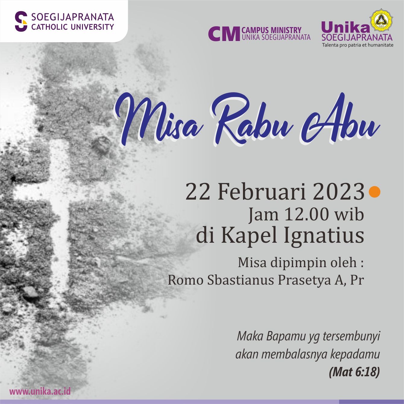 Misa Rabu Abu 22 Februari 2023 di Kapel Ignatius Soegijapranata Catholic University