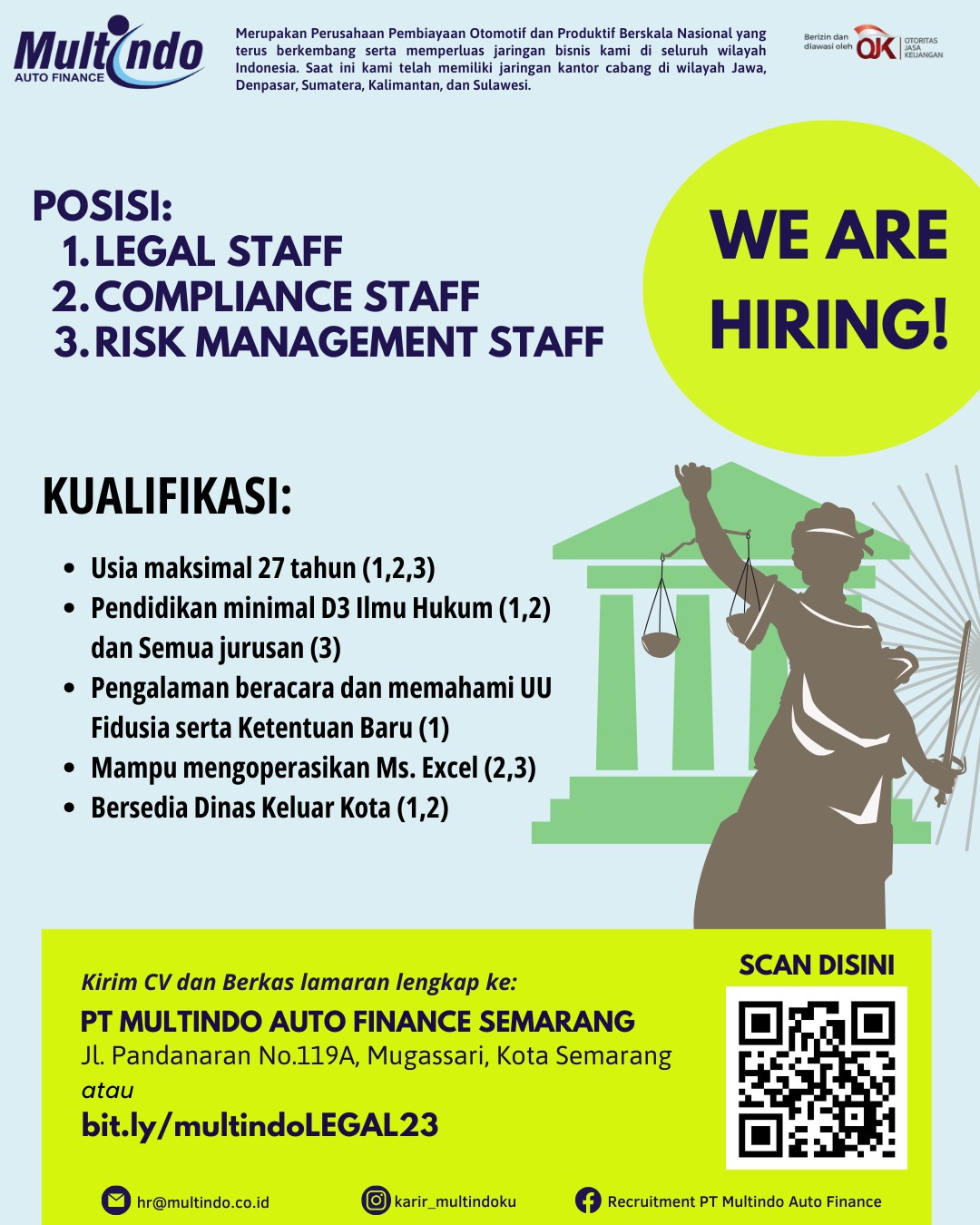 LOWONGAN KERJA SEPTEMBER 2023 – MULTINDO AUTO FINANCE – LEGAL STAFF, COMPLIANCE STAFF, RISK MANAGEMENT STAFF