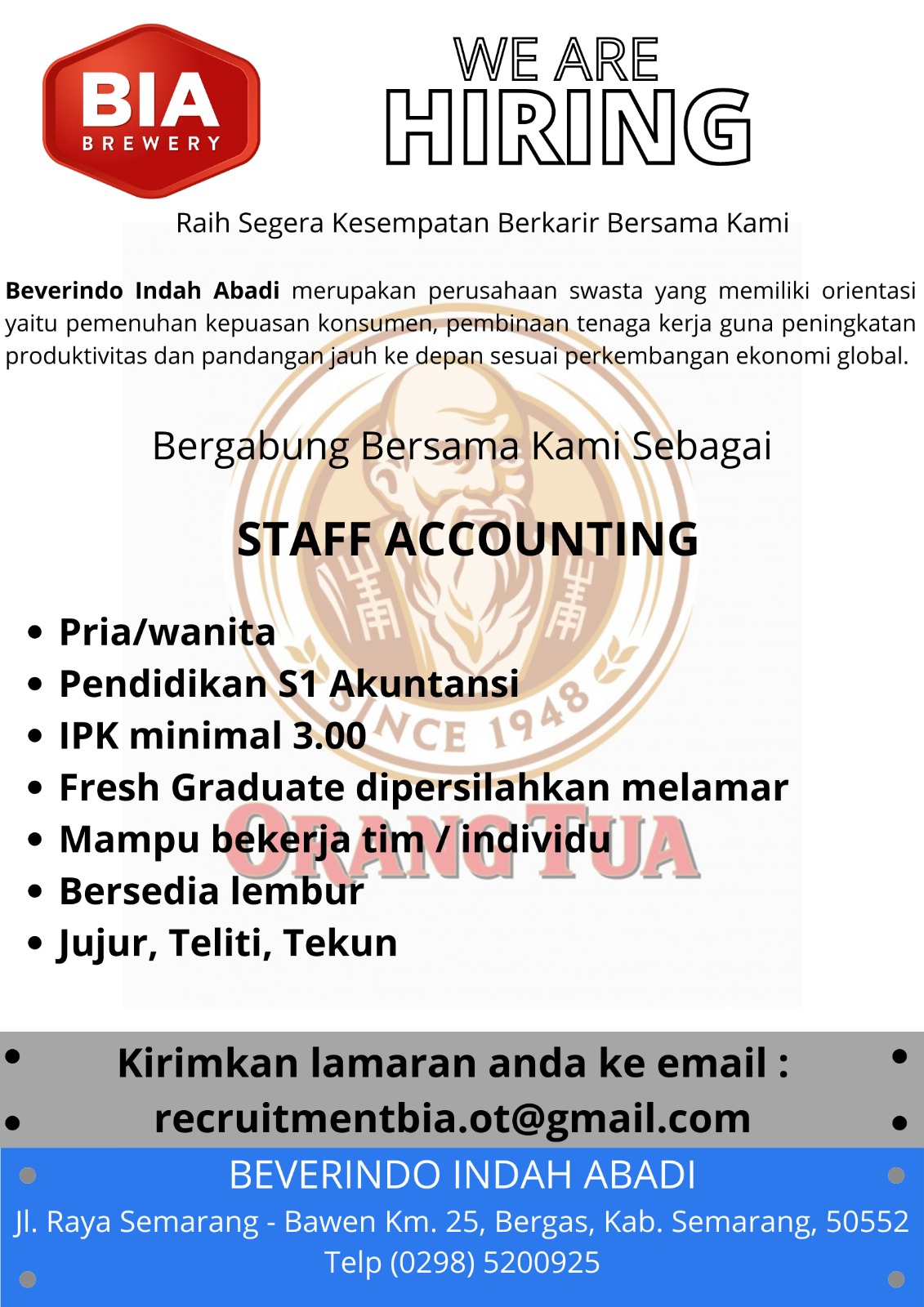 Lowongan Kerja Oktober 2023 – Beverindo Indah Abadi – Staff Accounting