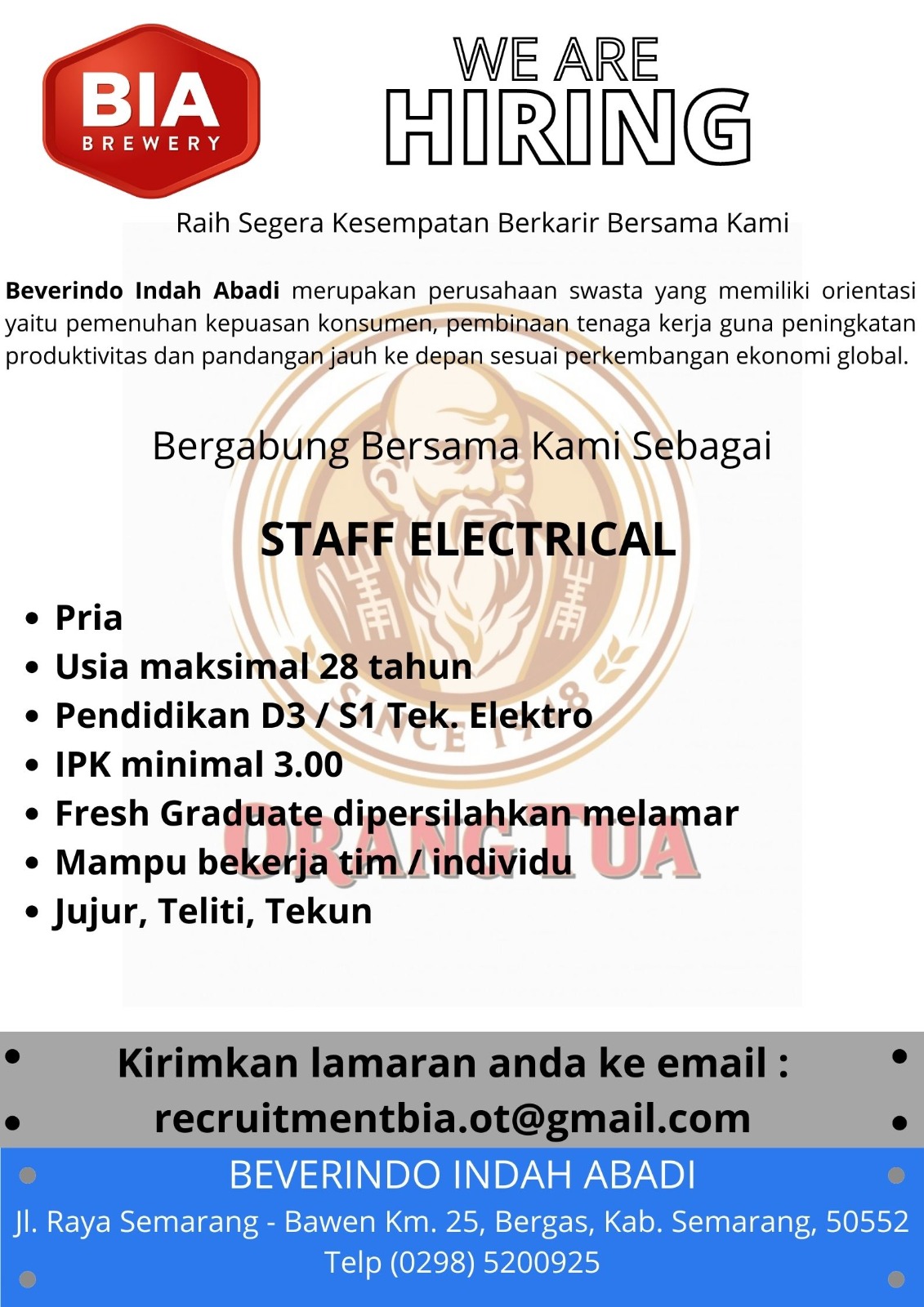 Lowongan Kerja Oktober 2023 – Beverindo Indah Abadi – Staff Electrical