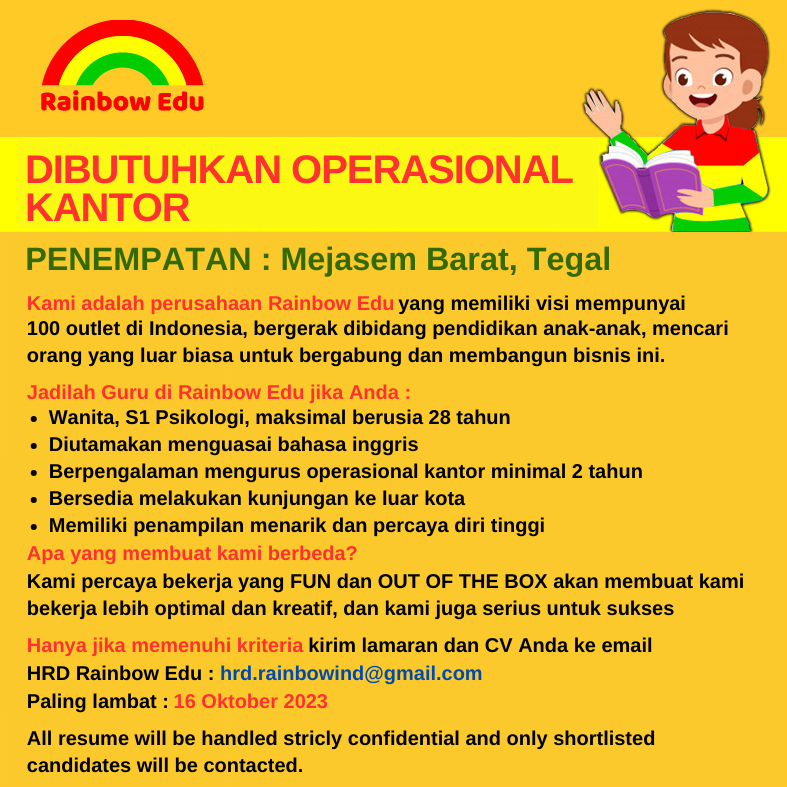 Lowongan Kerja Oktober 2023 – Rainbow Edu – Loker Operasional Kantor