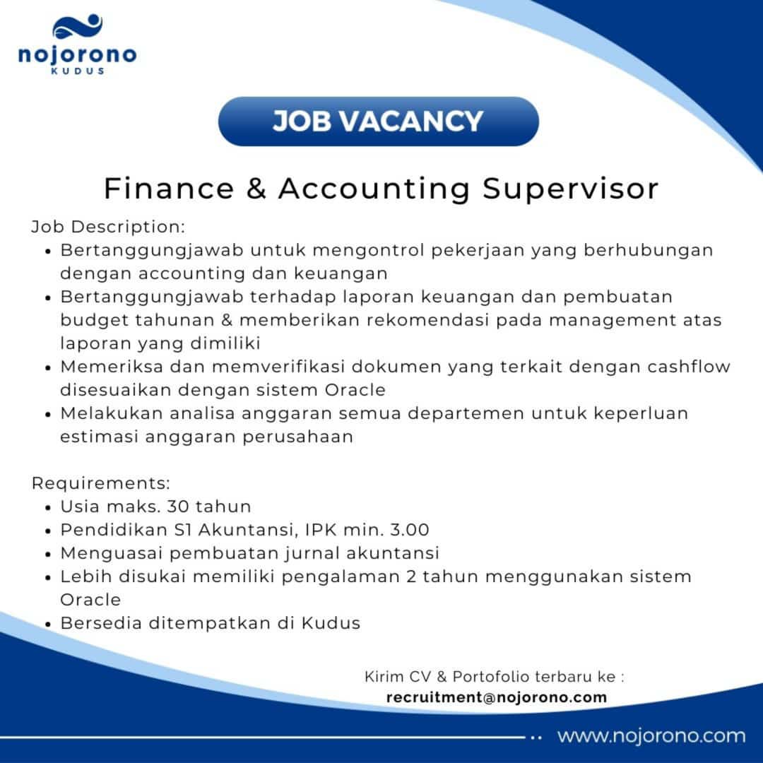 Lowongan Kerja November 2023 – Nojorono Kudus – Finance & Accounting Supervisor