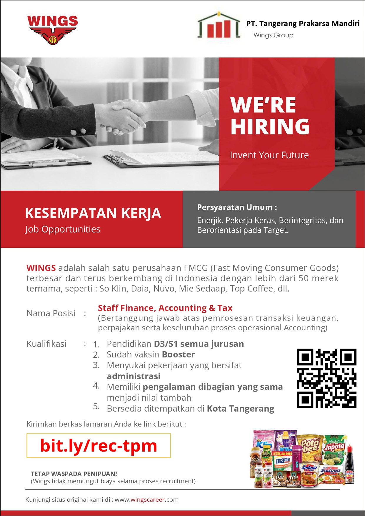 Lowongan Kerja Januari 2024 - WINGS - STAFF FINANCE, ACCOUNTING & TAX - SCU