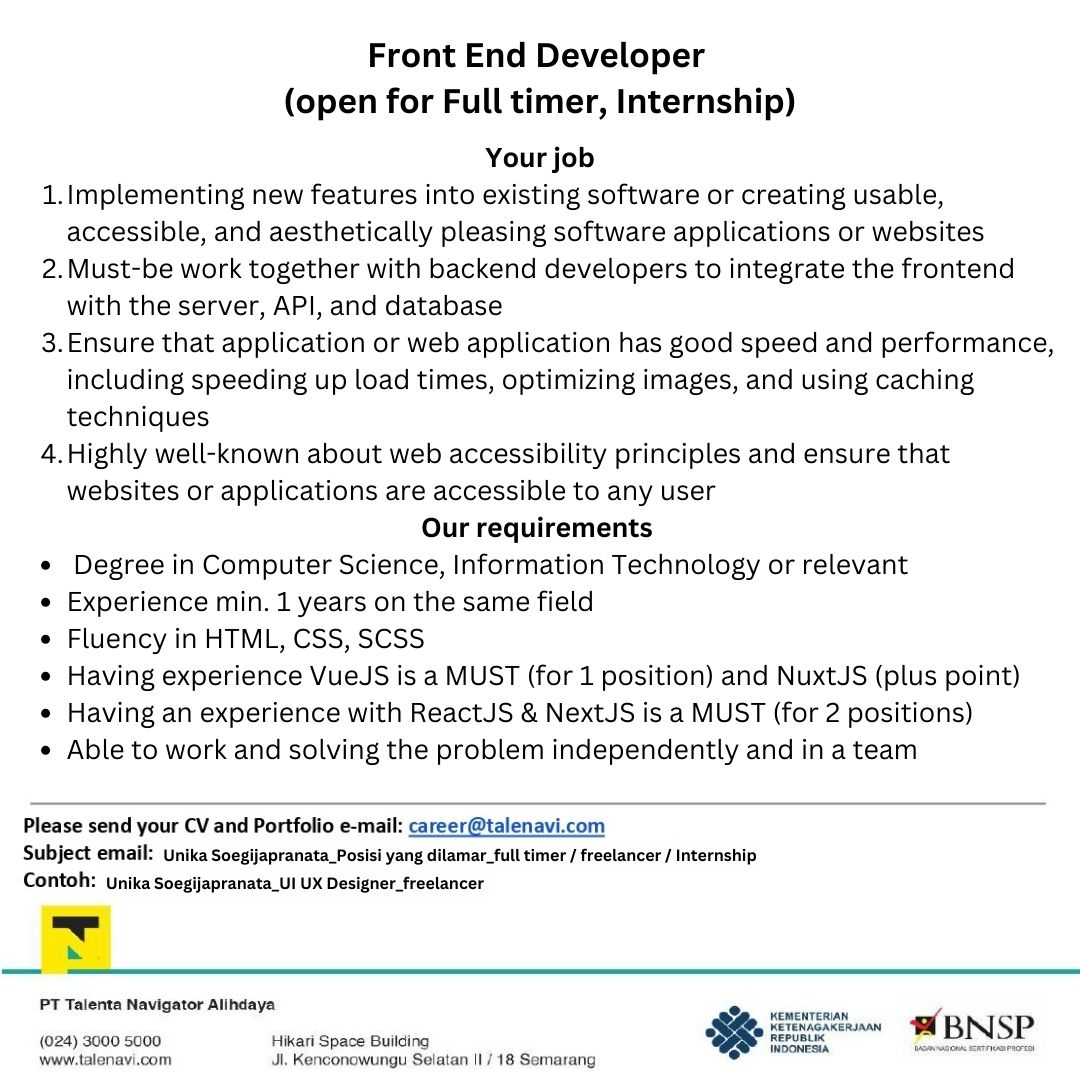 Lowongan Kerja Maret 2024 – PT. TALENTA NAVIGATOR ALIHDAYA – Front End Developer