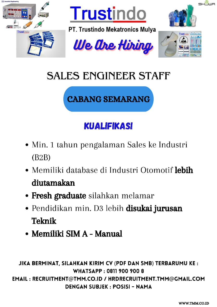 Lowongan Kerja Mei 2024 – PT. TRUSTINDO MEKATRONICS MULYA – Sales Engineer Staff