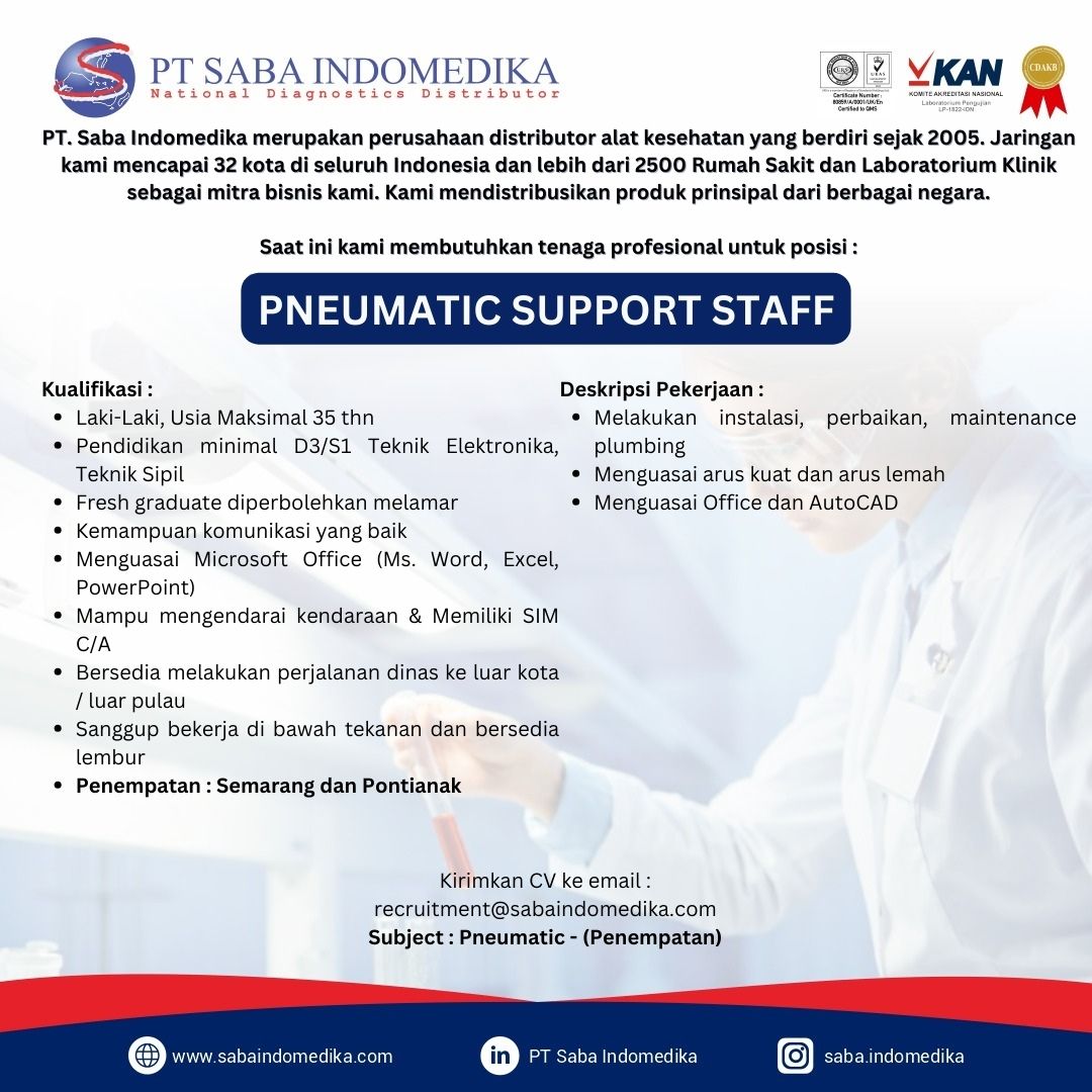 Lowongan Kerja – PT SABA Indomedika – Pneumatic Support Staff