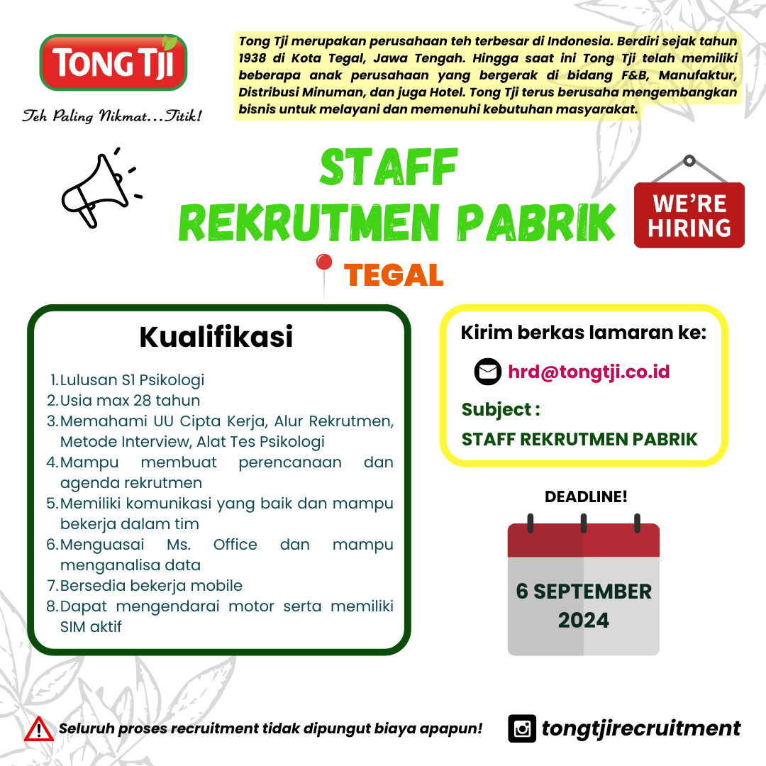 Loker Agustus 2024 – TONG TJI – STAFF RECRUITMENT