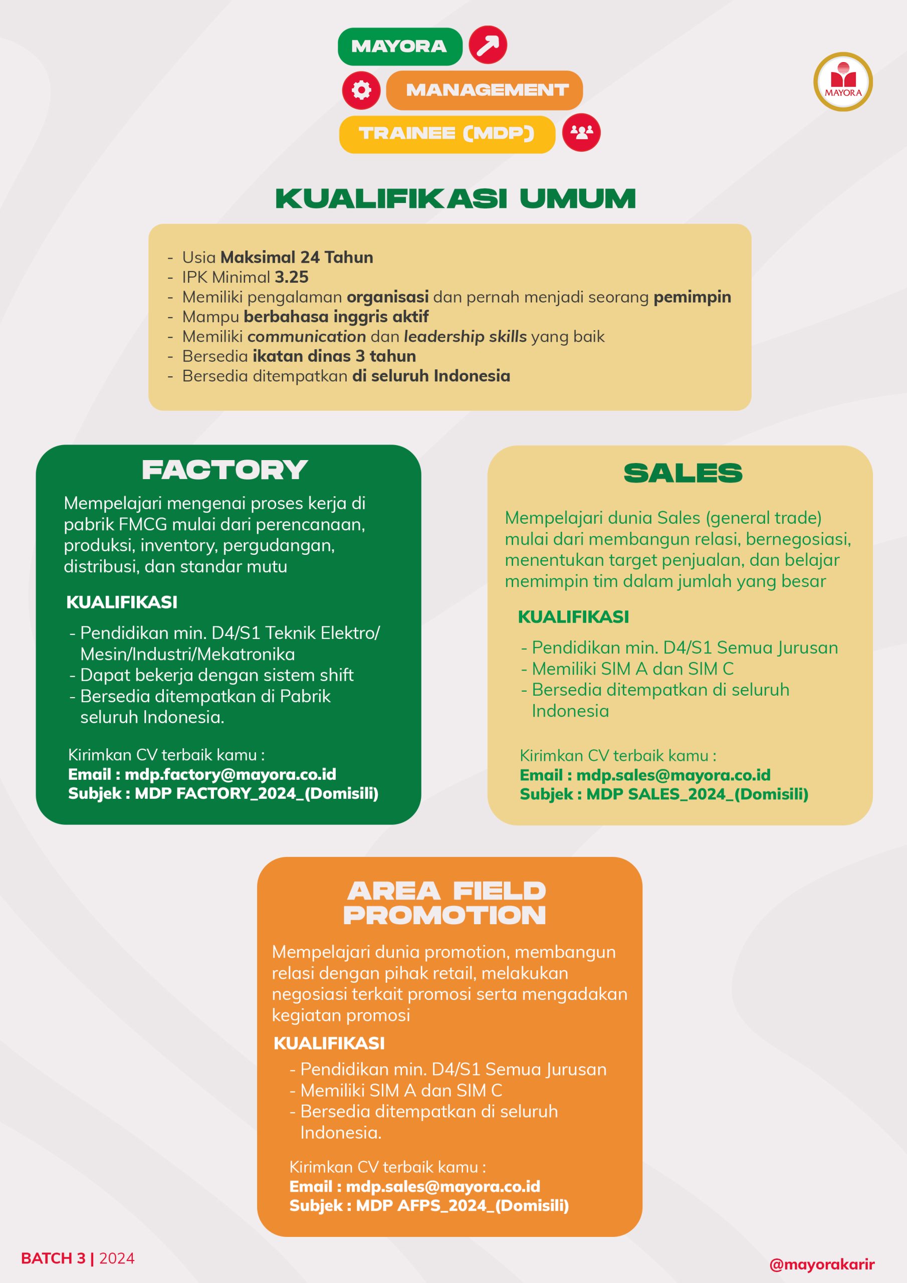 Lowongan Kerja Agustus 2024 – MAYORA – Factory , Sales