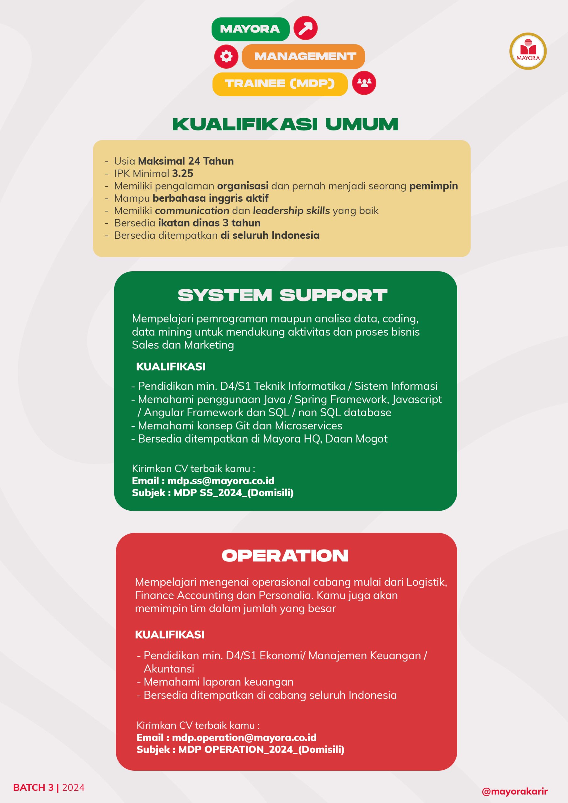 Lowongan Kerja Agustus 2024 – MAYORA – System Support , Operation