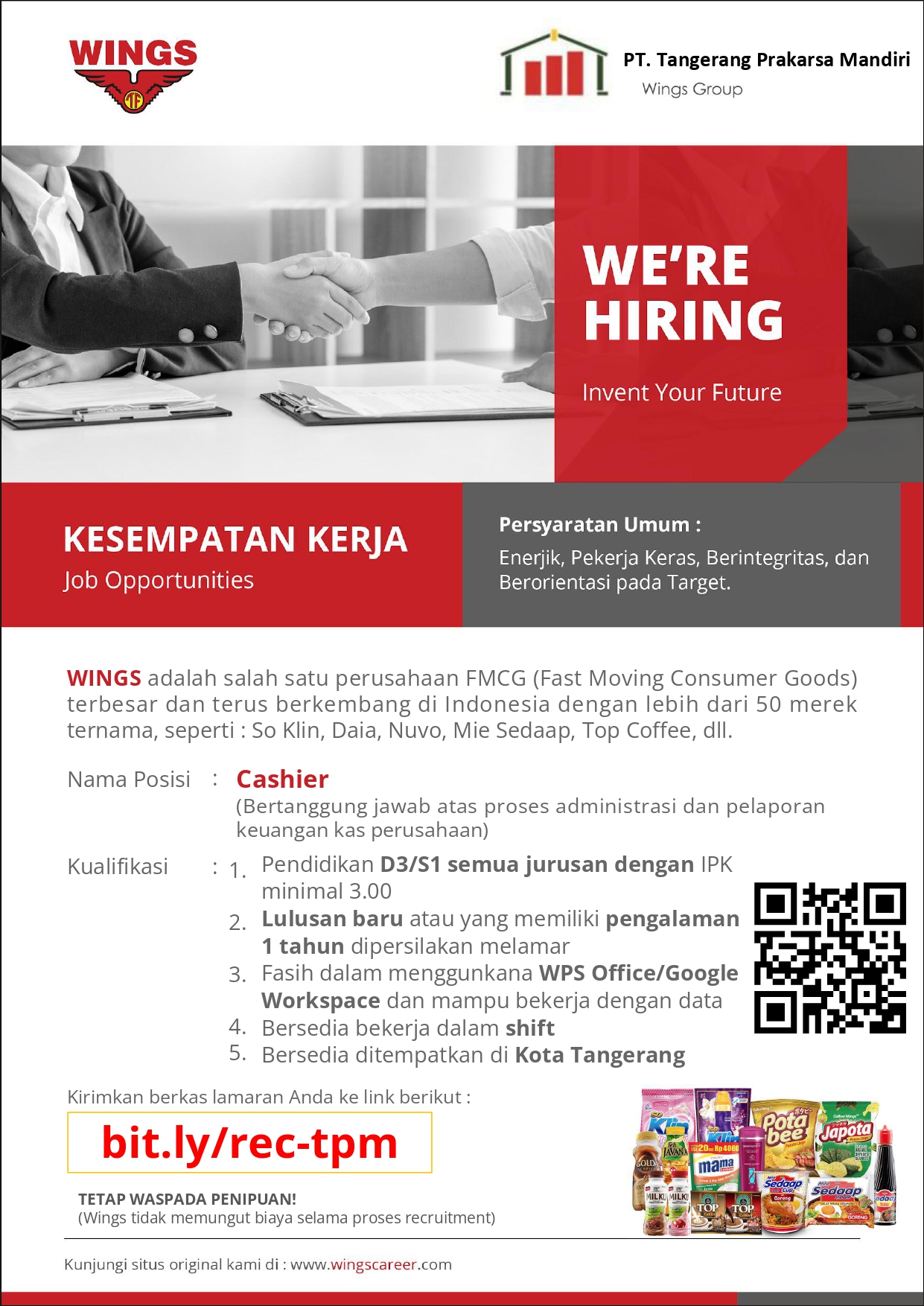 Lowongan Kerja Agustus 2024 – PT TANGERANG PRAKARSA MANDIRI (WINGS Group) – Cashier