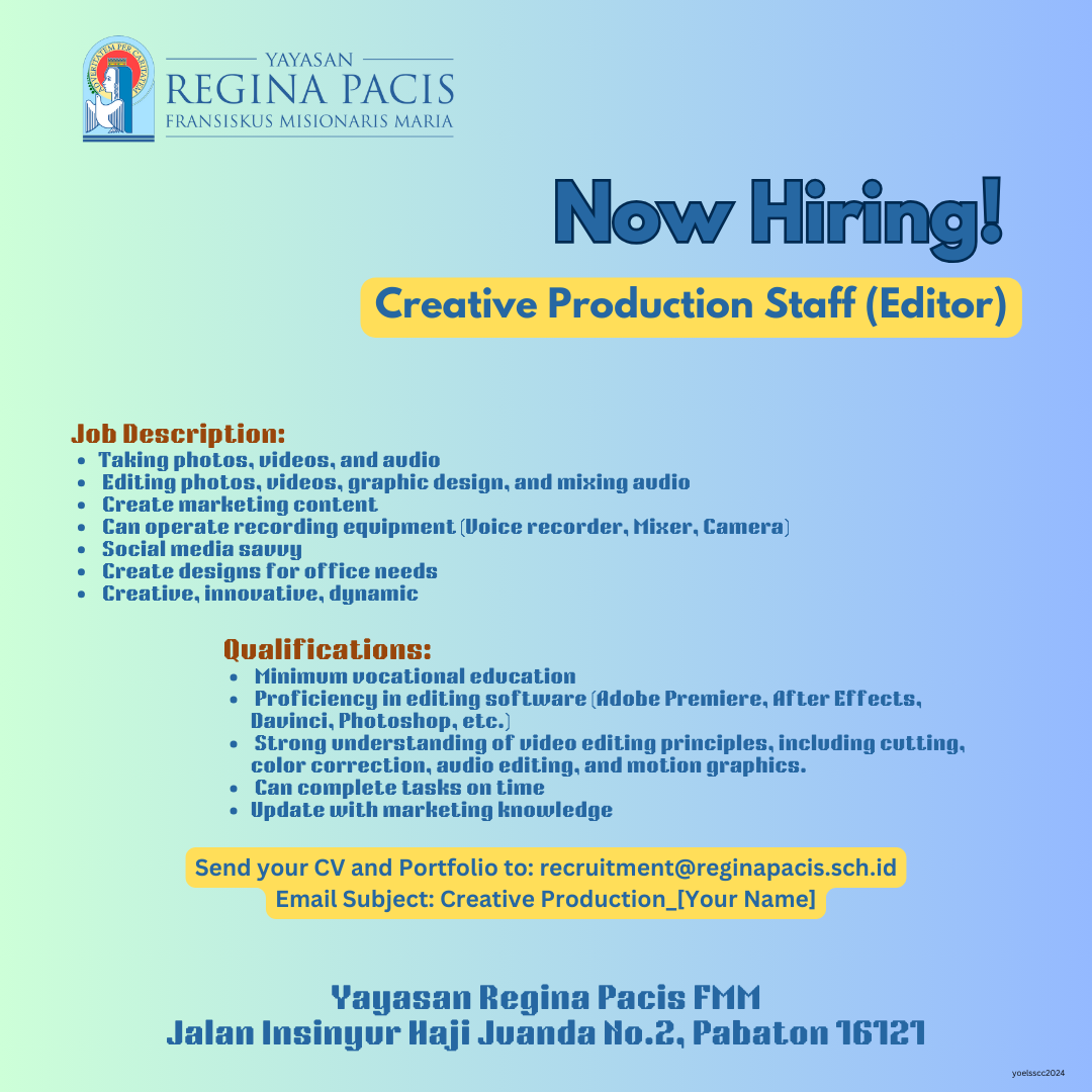 Lowongan Kerja Agustus 2024 – Regina Pacis – Creative Production Staff