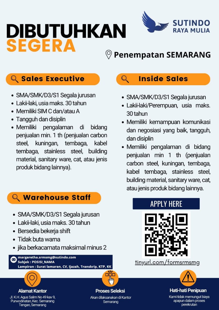 Lowongan Kerja Agustus 2024 – Sutindo – Sales Executive