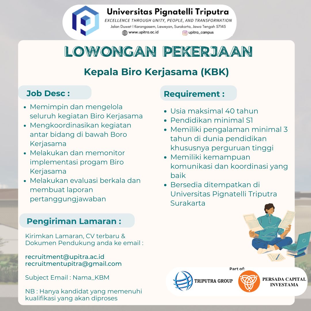 Lowongan Kerja Agustus 2024 – UNIVERSITAS PIGNATELI TRIPUTRA – Kepala Biro Kerjasama