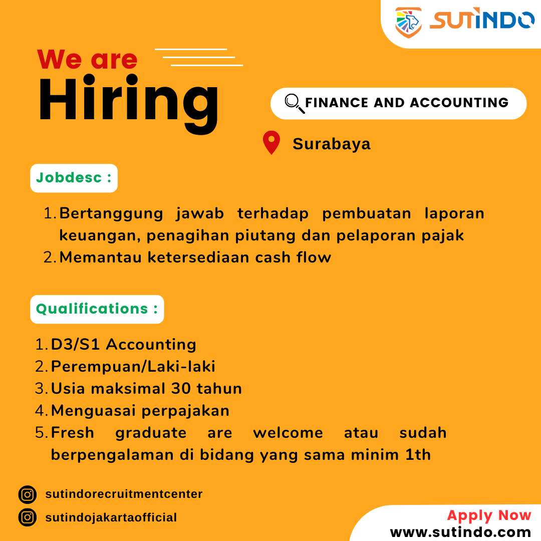 Lowongan kerja Agustus 2024 – Sutindo – Flyer Finance and Accounting