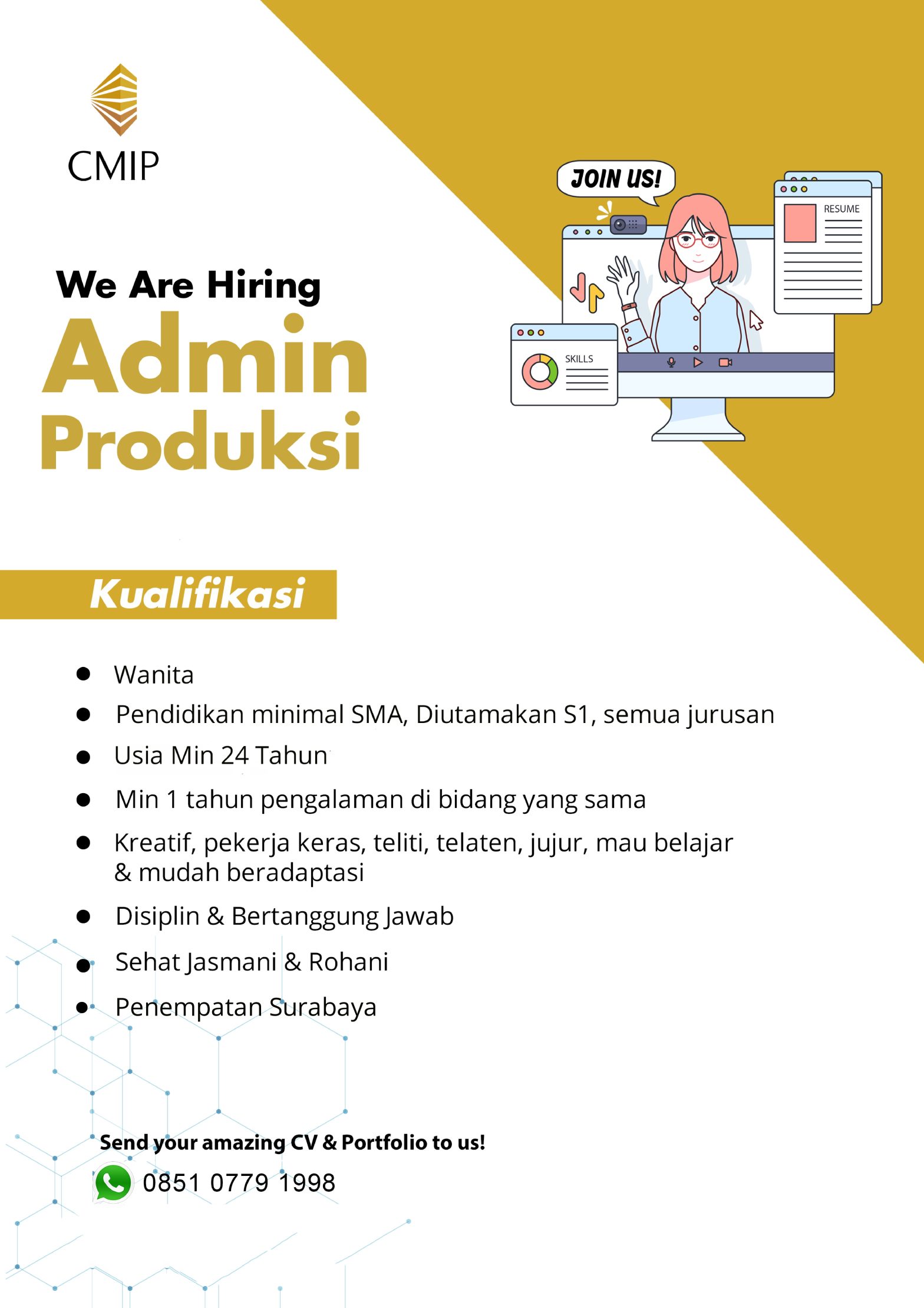 Lowker Sept2024: PT Citra Mandiri Inti Perkasa  || Admin Produksi  (Surabaya)