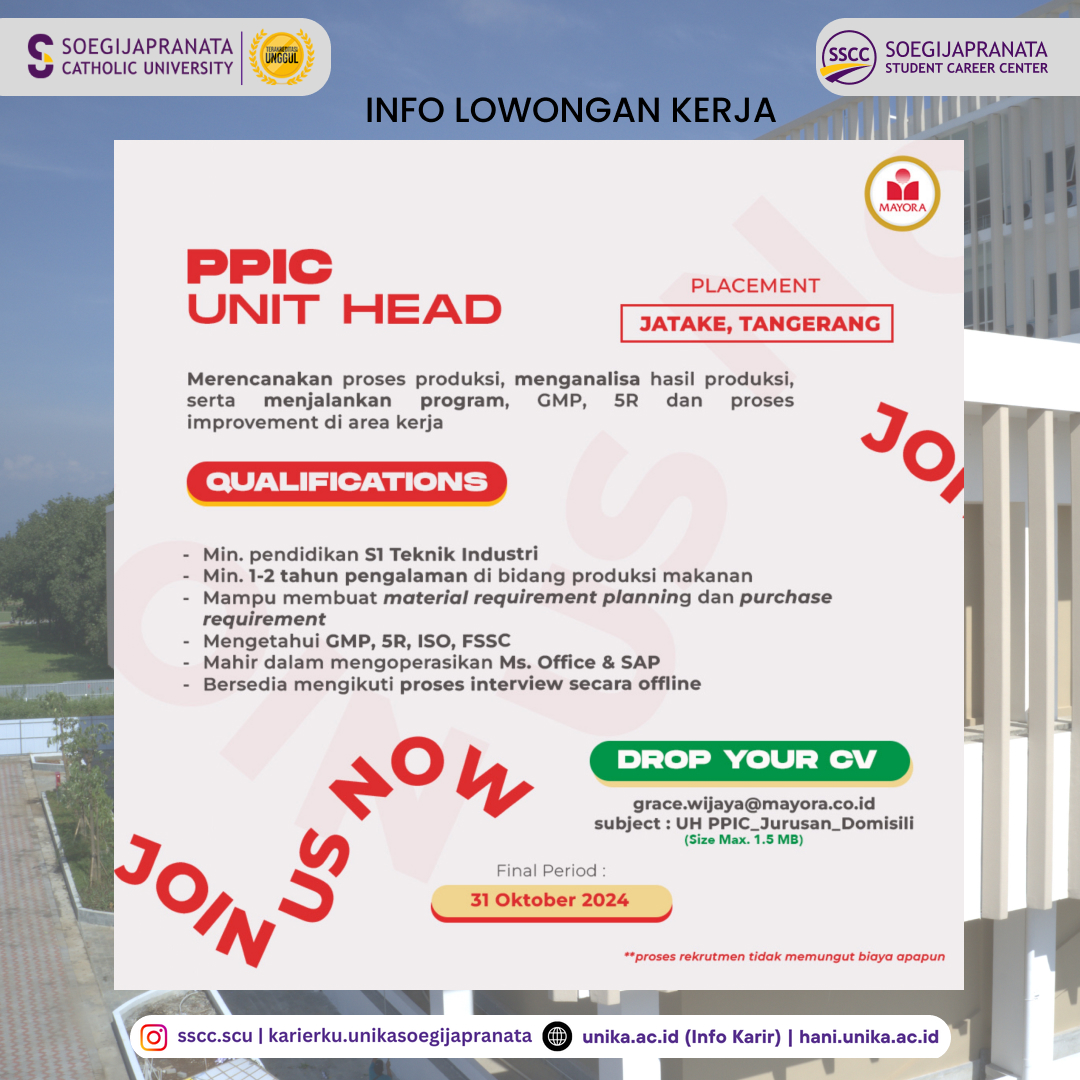 Loker Oktober 2024 – PT Mayora Indah Tbk || PPIC Unit Head