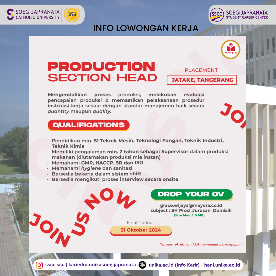 Loker Oktober 2024 – PT Mayora Indah Tbk || Prod. Section Head