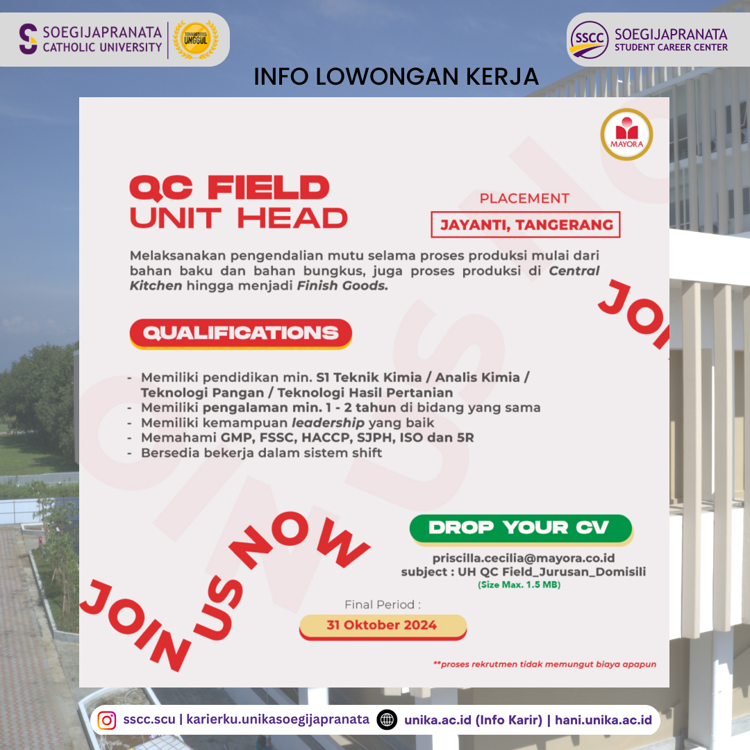 Loker Oktober 2024 – PT Mayora Indah Tbk || QC Field Unit Head