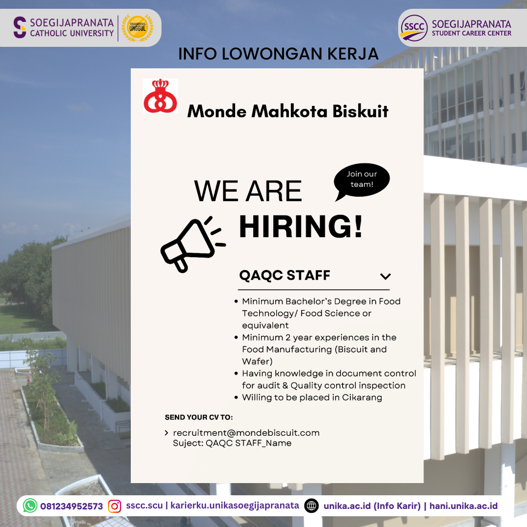 Loker Oktober 2024 – PT Monde Mahkota Biskuit || QA QC Staff